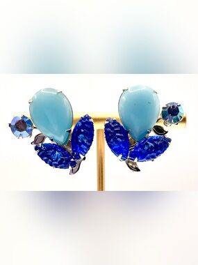 Vintage Blue Molded Glass & Aurora Borealis Clip Earrings Mid Century Statement